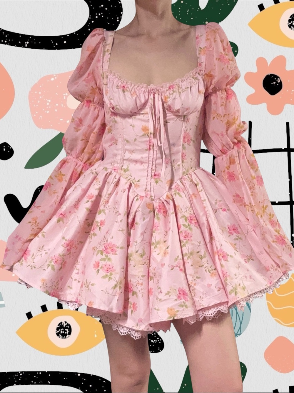 Shein | Pink Floral Bustier Milkmaid Puff Sleeve Mini Dress